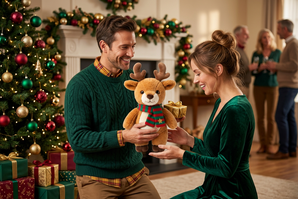 Woodland Star Christmas Reindeer Plush with Red & Green Scarf — A Festive Friend for Winter Stories and Thoughtful Gifting