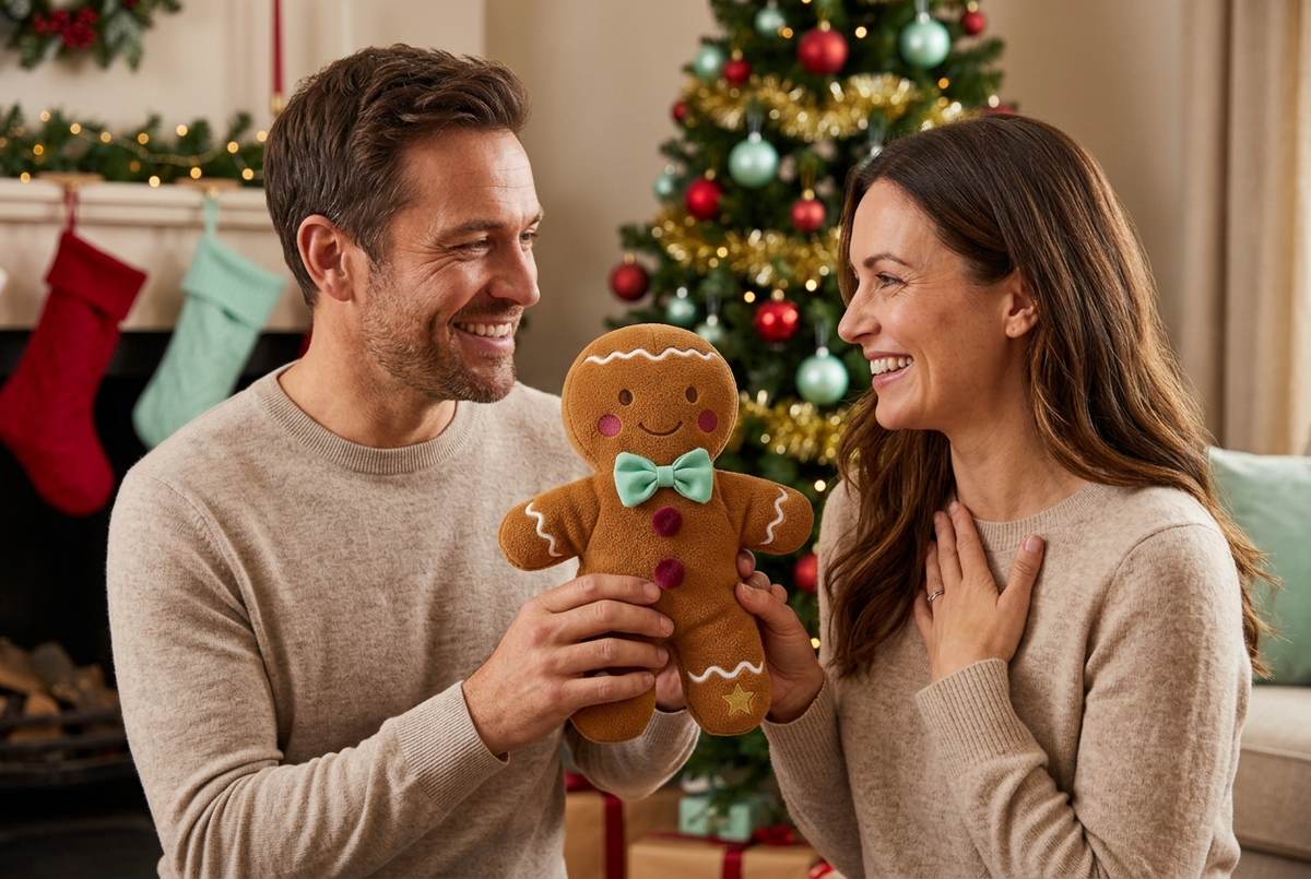 Gingerbread Wanderer Christmas Plush Doll — A Caramel-Colored Toy Concept with Mint Bow Tie, Cranberry Buttons & Icing-Inspired Details