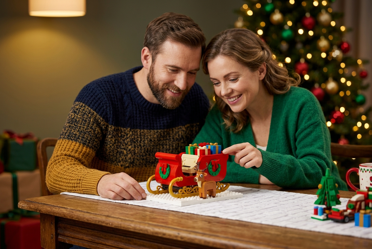 Midnight Gift Run Christmas Sleigh Building Block Toy — A Festive Red & Gold Model Concept with Colorful Presents and a Reindeer Companion