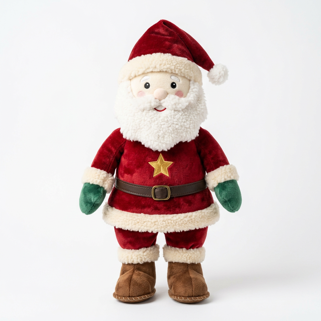 Santa plush concept with red outfit, ivory beard, emerald mittens and gold star on a white background