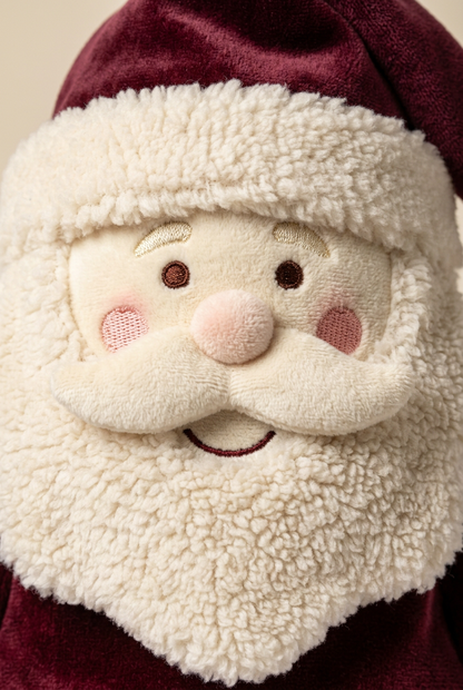 Christmas Curtain Call Santa Hand Puppet — A Burgundy & Ivory Storytelling Character Concept with Green Mittens and a Golden Star