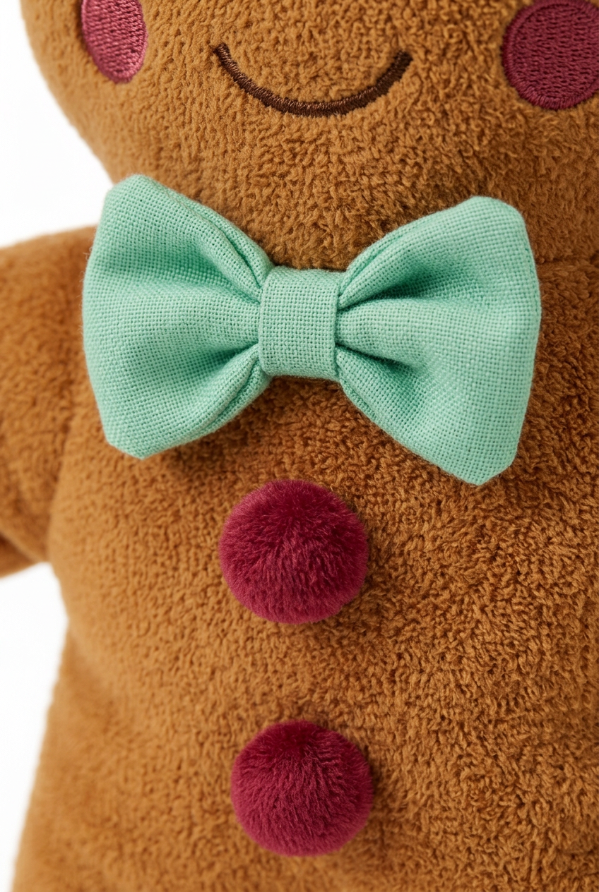 Gingerbread Wanderer Christmas Plush Doll — A Caramel-Colored Toy Concept with Mint Bow Tie, Cranberry Buttons & Icing-Inspired Details