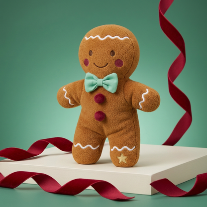 Gingerbread Wanderer Christmas Plush Doll — A Caramel-Colored Toy Concept with Mint Bow Tie, Cranberry Buttons & Icing-Inspired Details