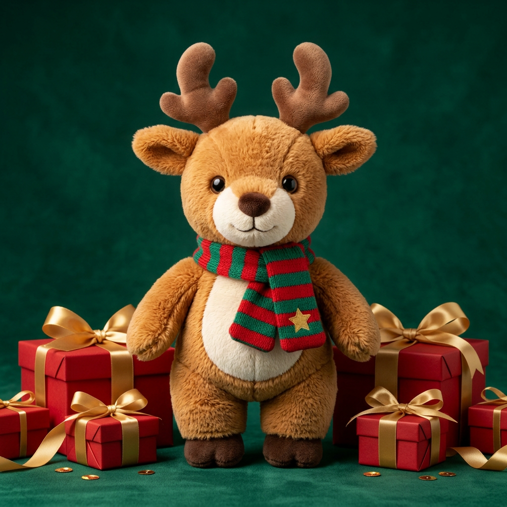 Woodland Star Christmas Reindeer Plush with Red & Green Scarf — A Festive Friend for Winter Stories and Thoughtful Gifting