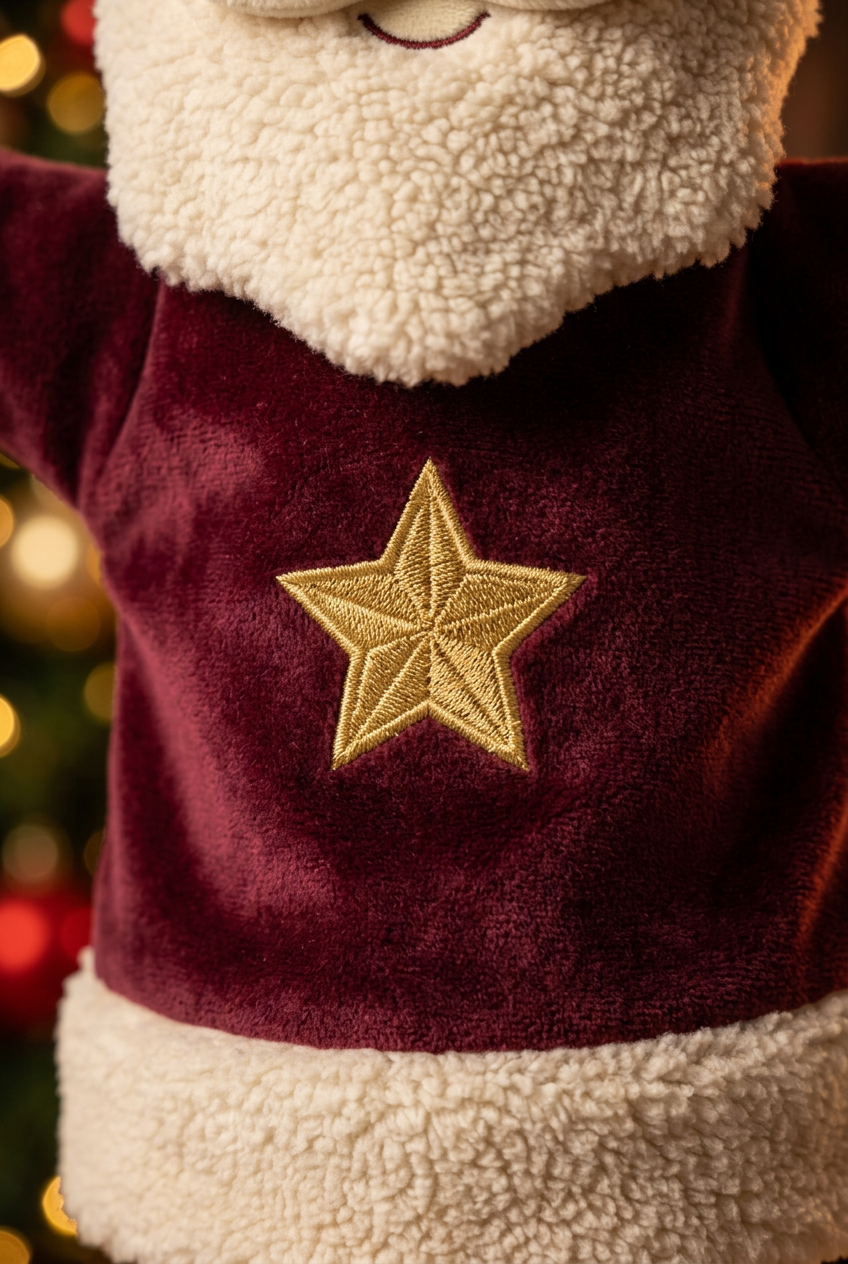 Christmas Curtain Call Santa Hand Puppet — A Burgundy & Ivory Storytelling Character Concept with Green Mittens and a Golden Star
