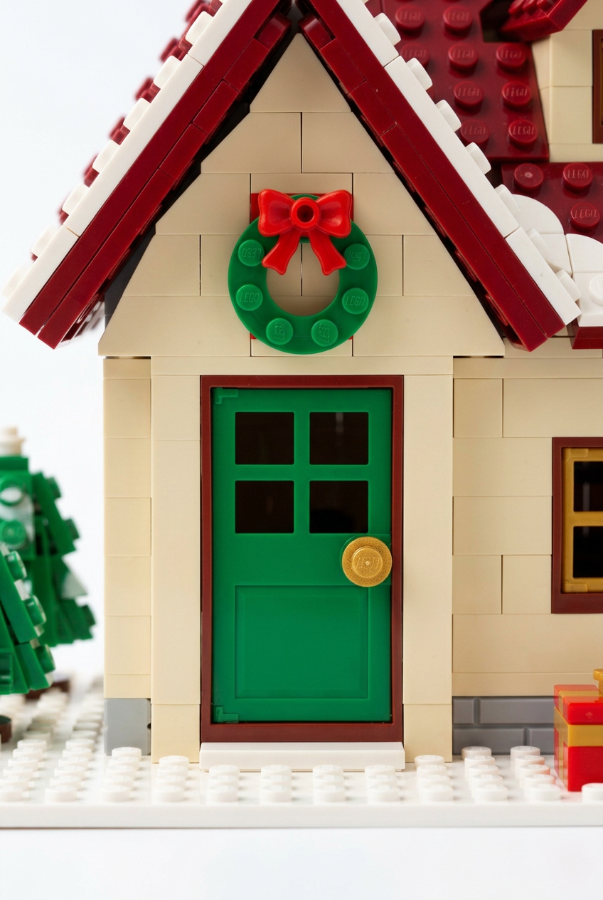 Snowfall Cottage Christmas Building Block Toy — A Red-Roofed Holiday House Concept with Wreath Doorway, Snowy Trees & Gift Details