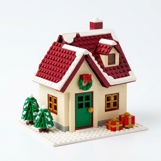 Christmas cottage building block concept with red roof and green door on white