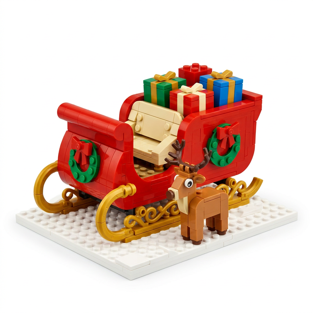 Christmas sleigh brick toy concept with red body gold runners gifts and reindeer on white