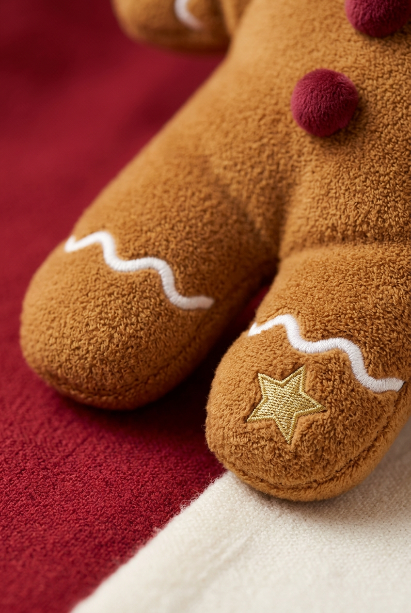 Gingerbread Wanderer Christmas Plush Doll — A Caramel-Colored Toy Concept with Mint Bow Tie, Cranberry Buttons & Icing-Inspired Details