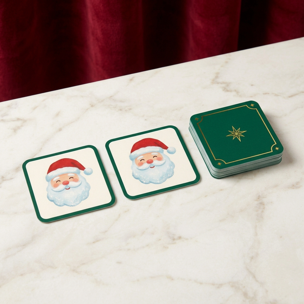 Merry Match Christmas Picture Pairing Cards — A Festive Tabletop Game Concept with Cheerful Santa Illustrations & Emerald Star-Pattern Backs