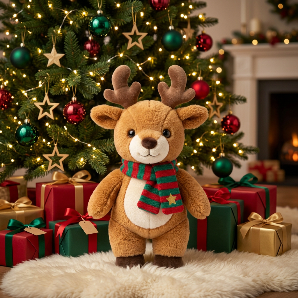 Woodland Star Christmas Reindeer Plush with Red & Green Scarf — A Festive Friend for Winter Stories and Thoughtful Gifting