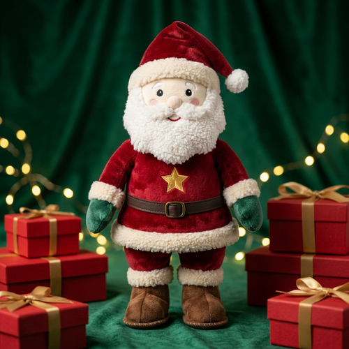 Golden Star Santa Plush — A Cheerful Christmas Companion in Festive Red, Emerald Green & Ivory