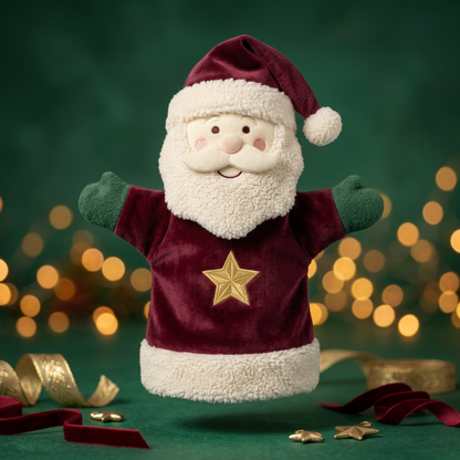 Christmas Curtain Call Santa Hand Puppet — A Burgundy & Ivory Storytelling Character Concept with Green Mittens and a Golden Star