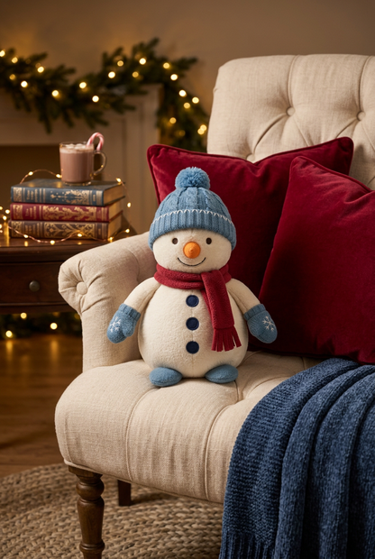 Snowday Letter Christmas Snowman Plush in Ice Blue & Cranberry — A Cheerful Winter Character for Festive Stories and Gifting