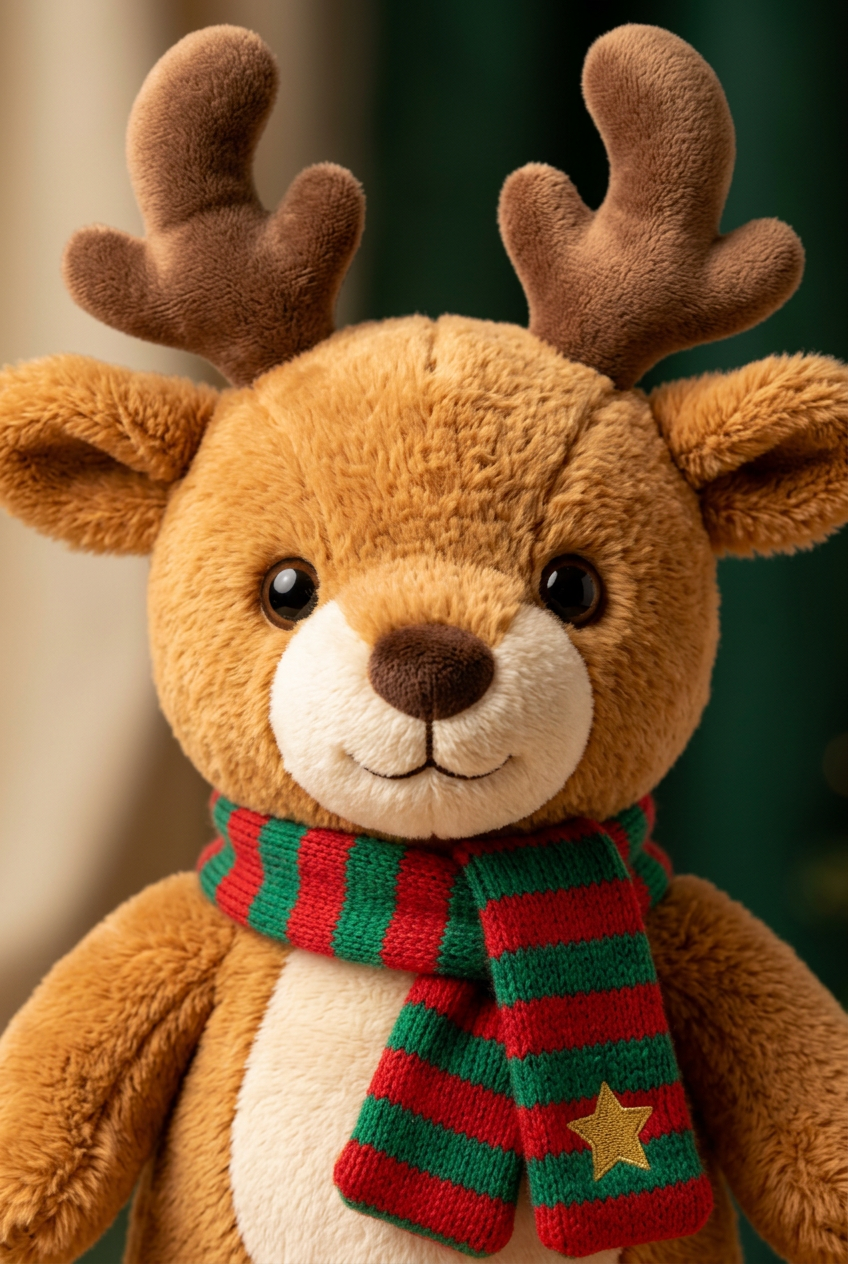 Woodland Star Christmas Reindeer Plush with Red & Green Scarf — A Festive Friend for Winter Stories and Thoughtful Gifting
