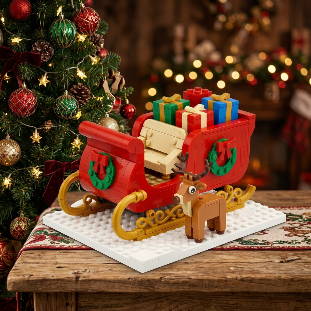 Midnight Gift Run Christmas Sleigh Building Block Toy — A Festive Red & Gold Model Concept with Colorful Presents and a Reindeer Companion