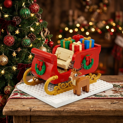 Midnight Gift Run Christmas Sleigh Building Block Toy — A Festive Red & Gold Model Concept with Colorful Presents and a Reindeer Companion