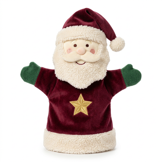 Burgundy Santa hand puppet concept with green mittens ivory beard and gold star on white