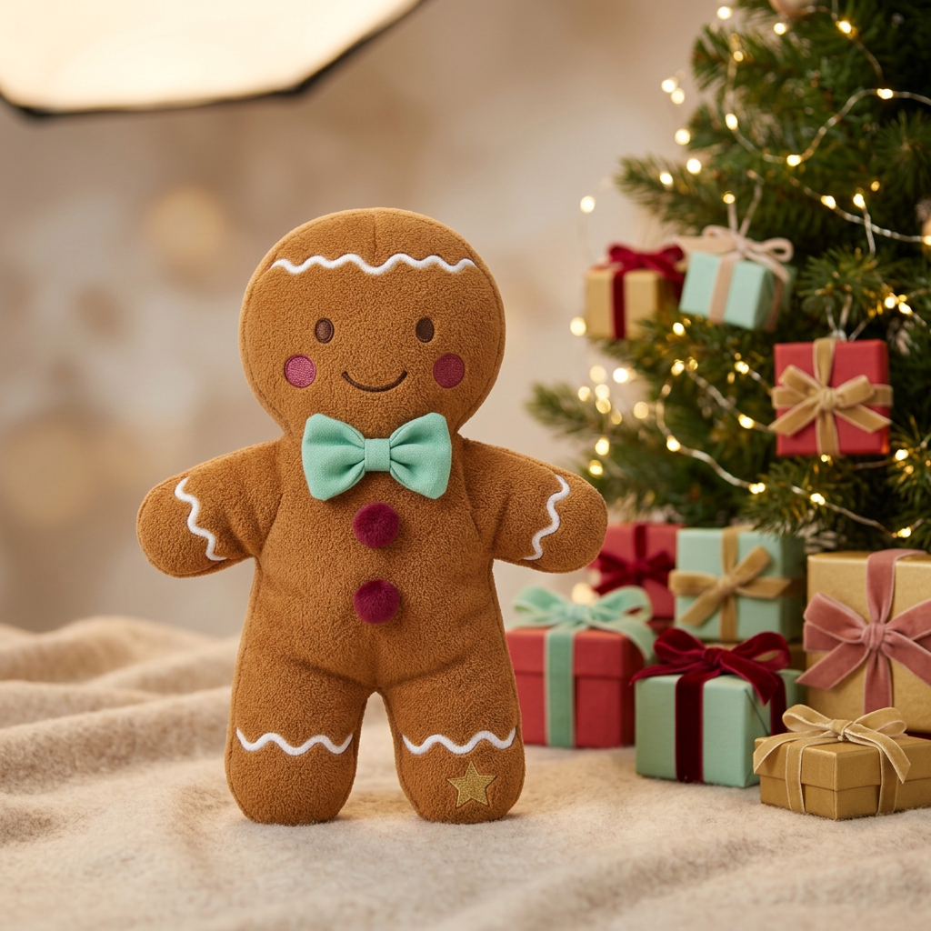 Gingerbread Wanderer Christmas Plush Doll — A Caramel-Colored Toy Concept with Mint Bow Tie, Cranberry Buttons & Icing-Inspired Details