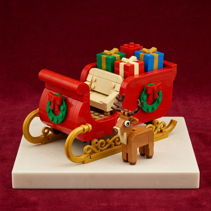 Midnight Gift Run Christmas Sleigh Building Block Toy — A Festive Red & Gold Model Concept with Colorful Presents and a Reindeer Companion