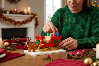 Midnight Gift Run Christmas Sleigh Building Block Toy — A Festive Red & Gold Model Concept with Colorful Presents and a Reindeer Companion