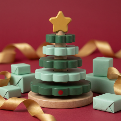 Evergreen Layers Christmas Tree Stacking Toy in Forest & Mint Green — A Star-Topped Festive Building Concept for Tabletop Play