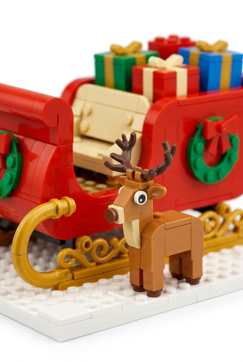 Midnight Gift Run Christmas Sleigh Building Block Toy — A Festive Red & Gold Model Concept with Colorful Presents and a Reindeer Companion