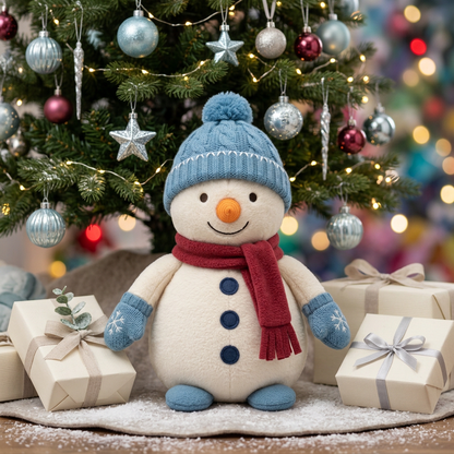 Snowday Letter Christmas Snowman Plush in Ice Blue & Cranberry — A Cheerful Winter Character for Festive Stories and Gifting