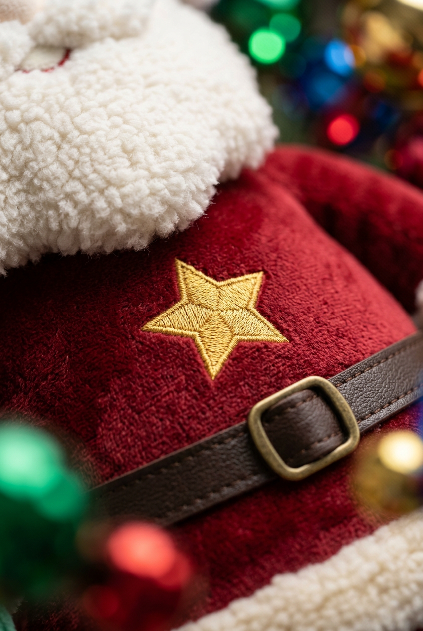 Golden Star Santa Plush — A Cheerful Christmas Companion in Festive Red, Emerald Green & Ivory