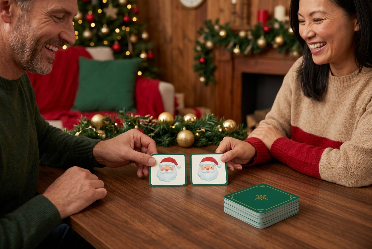 Merry Match Christmas Picture Pairing Cards — A Festive Tabletop Game Concept with Cheerful Santa Illustrations & Emerald Star-Pattern Backs