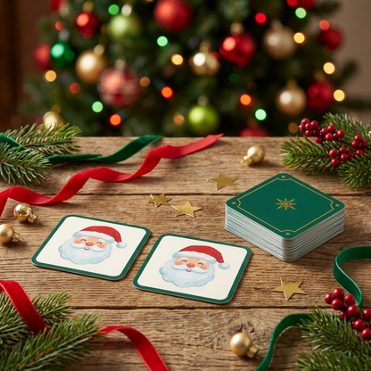 Merry Match Christmas Picture Pairing Cards — A Festive Tabletop Game Concept with Cheerful Santa Illustrations & Emerald Star-Pattern Backs
