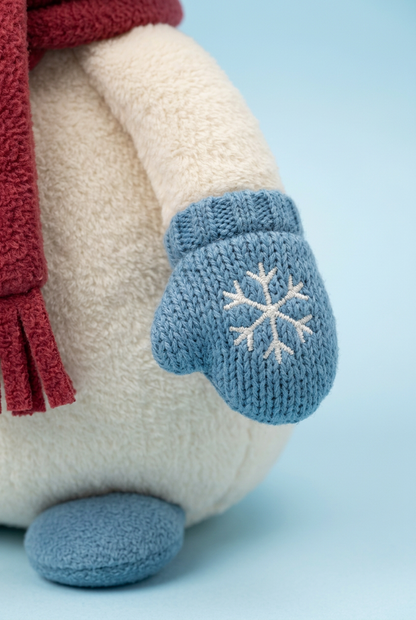 Snowday Letter Christmas Snowman Plush in Ice Blue & Cranberry — A Cheerful Winter Character for Festive Stories and Gifting