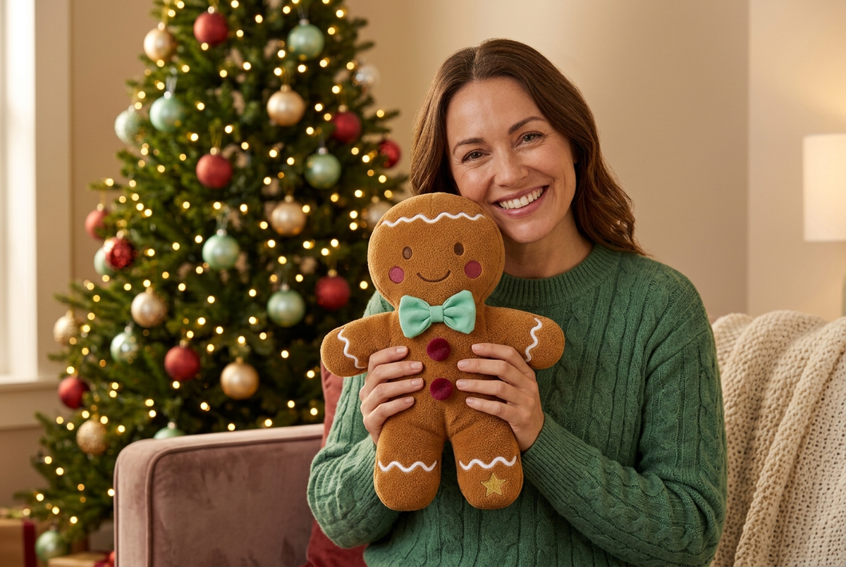 Gingerbread Wanderer Christmas Plush Doll — A Caramel-Colored Toy Concept with Mint Bow Tie, Cranberry Buttons & Icing-Inspired Details
