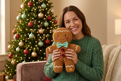 Gingerbread Wanderer Christmas Plush Doll — A Caramel-Colored Toy Concept with Mint Bow Tie, Cranberry Buttons & Icing-Inspired Details