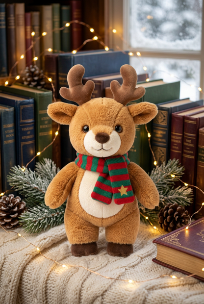 Woodland Star Christmas Reindeer Plush with Red & Green Scarf — A Festive Friend for Winter Stories and Thoughtful Gifting