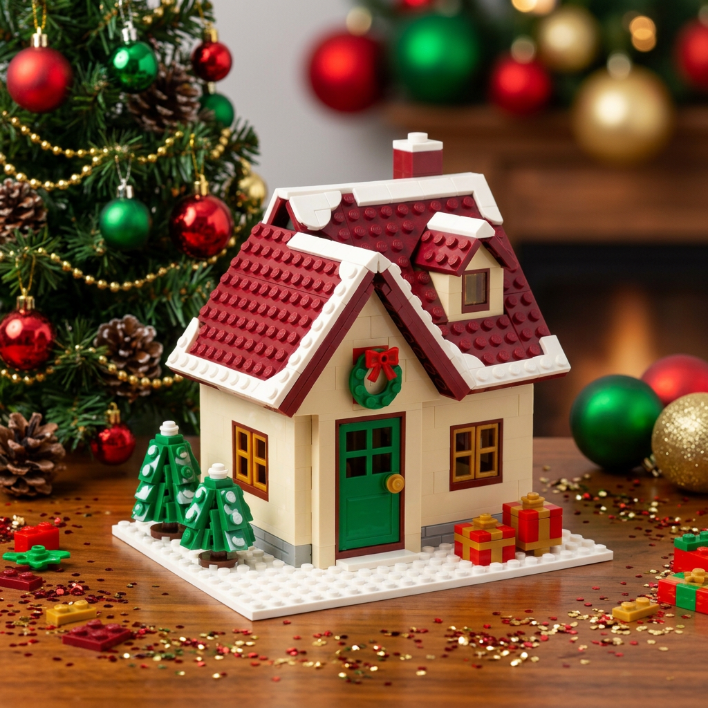 Snowfall Cottage Christmas Building Block Toy — A Red-Roofed Holiday House Concept with Wreath Doorway, Snowy Trees & Gift Details