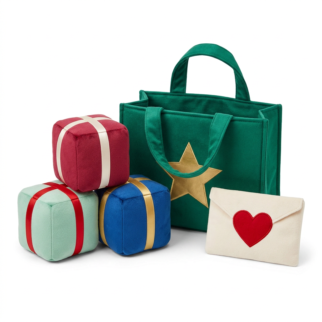 Christmas pretend gift playset concept with green star bag three colorful cubes and heart envelope on white