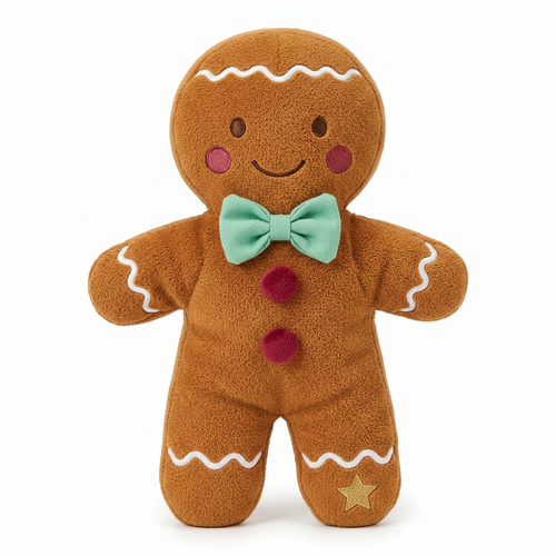 Gingerbread-inspired plush toy with mint bow cranberry buttons and white wavy trim on white