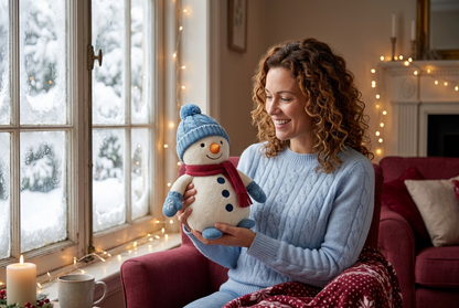 Snowday Letter Christmas Snowman Plush in Ice Blue & Cranberry — A Cheerful Winter Character for Festive Stories and Gifting