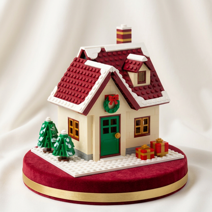 Snowfall Cottage Christmas Building Block Toy — A Red-Roofed Holiday House Concept with Wreath Doorway, Snowy Trees & Gift Details
