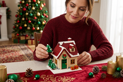 Snowfall Cottage Christmas Building Block Toy — A Red-Roofed Holiday House Concept with Wreath Doorway, Snowy Trees & Gift Details