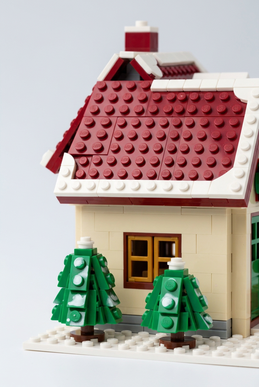 Snowfall Cottage Christmas Building Block Toy — A Red-Roofed Holiday House Concept with Wreath Doorway, Snowy Trees & Gift Details
