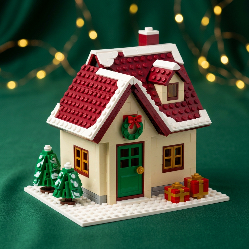 Snowfall Cottage Christmas Building Block Toy — A Red-Roofed Holiday House Concept with Wreath Doorway, Snowy Trees & Gift Details