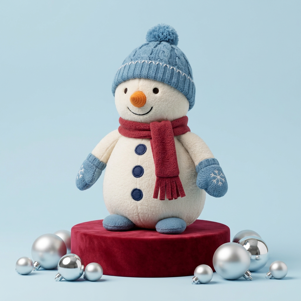 Snowday Letter Christmas Snowman Plush in Ice Blue & Cranberry — A Cheerful Winter Character for Festive Stories and Gifting