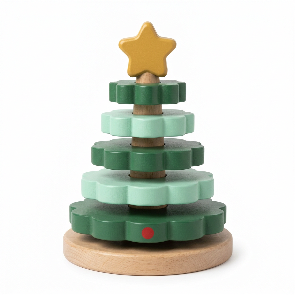 Christmas tree stacking toy concept with green tiers and yellow star on white