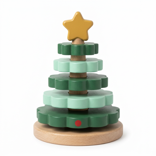 Christmas tree stacking toy concept with green tiers and yellow star on white