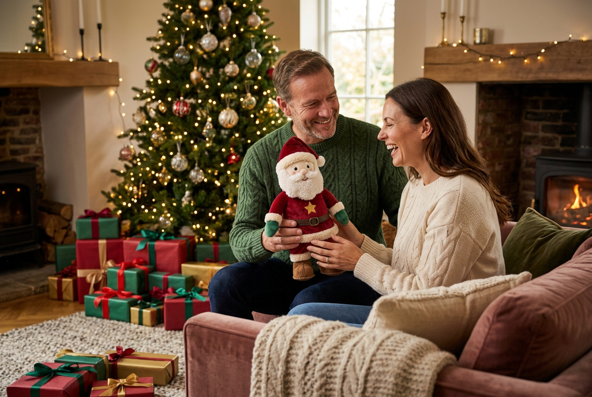 Golden Star Santa Plush — A Cheerful Christmas Companion in Festive Red, Emerald Green & Ivory