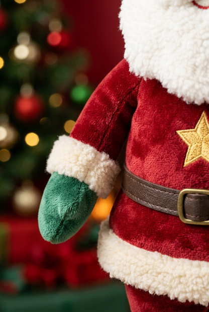 Golden Star Santa Plush — A Cheerful Christmas Companion in Festive Red, Emerald Green & Ivory