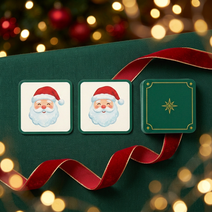 Merry Match Christmas Picture Pairing Cards — A Festive Tabletop Game Concept with Cheerful Santa Illustrations & Emerald Star-Pattern Backs