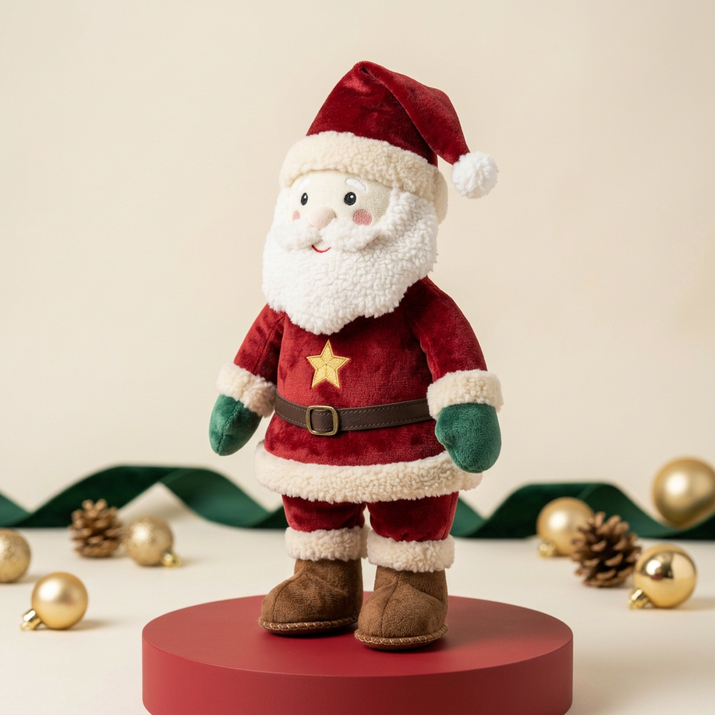 Golden Star Santa Plush — A Cheerful Christmas Companion in Festive Red, Emerald Green & Ivory